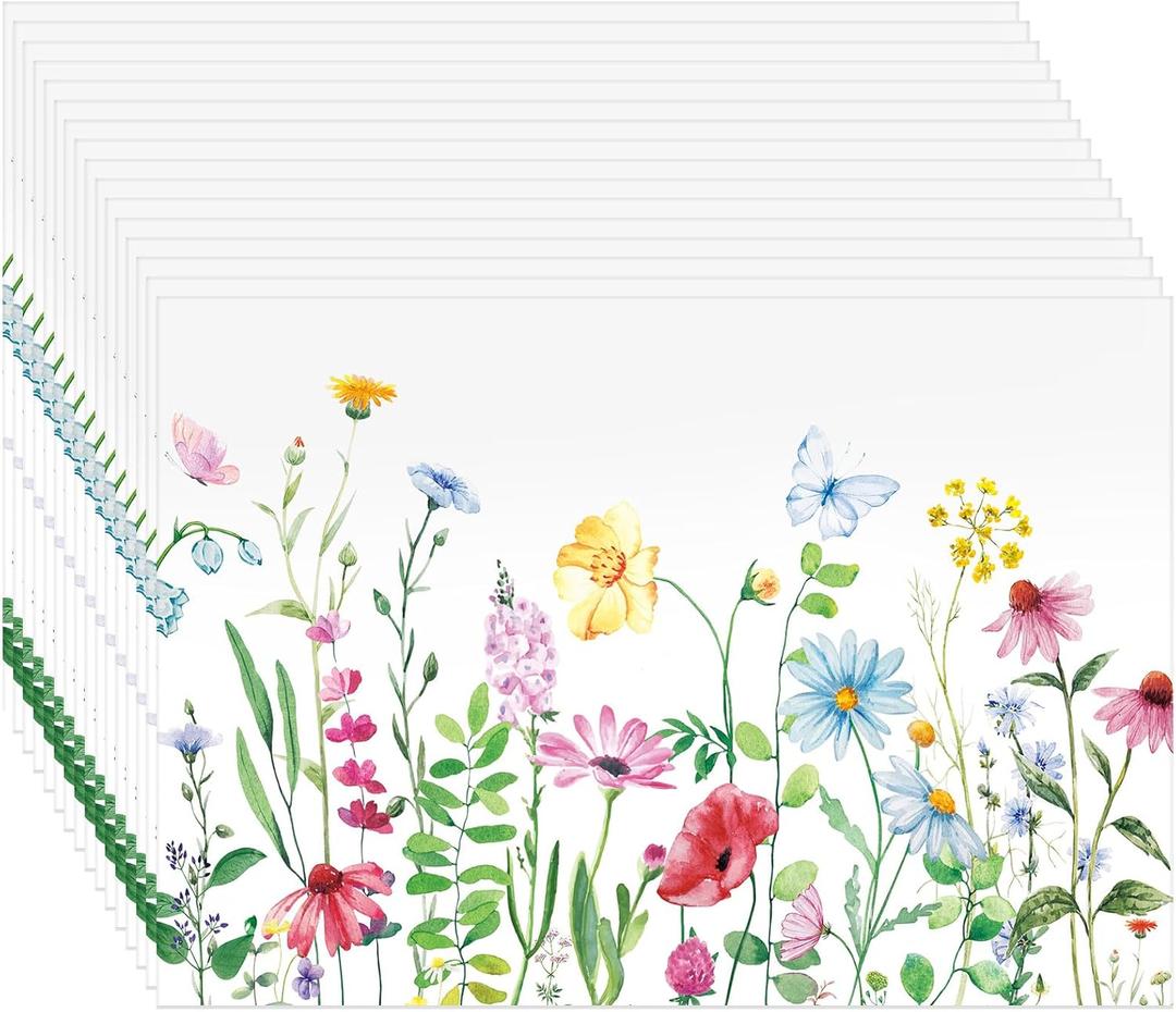 100 Pack Floral Paper Placemats for Dining Table Setting, Watercolor Flower Disposable Placement Mats Spring Summer Table Mats for Bridal Shower Wedding Party Supplies, 10 x 14 Inch (Bright)