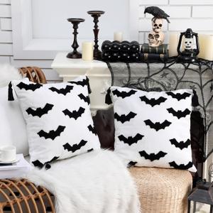 Set of 2 Halloween Pillow Covers 18 x 18 Inch Black Bat Embroidered Throw Pillow Case Fluffy Plush Cushion Cover Neutral Halloween Decorations for Home Indoor Sofa Couch Bedroom Living Room