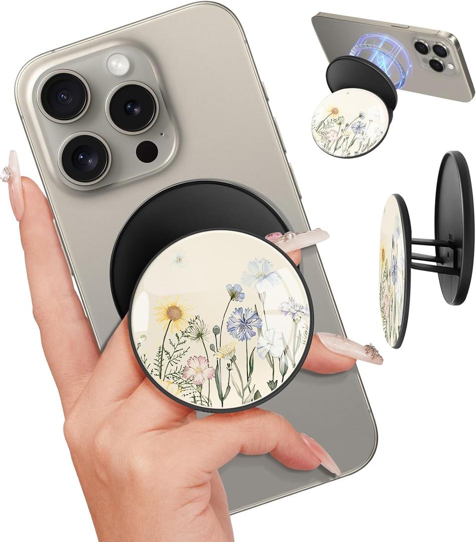 Kidcube Magnetic Phone Grip Compatible with Magsafe - Cell Phone Grip Stand Magnetic Ring Holder Finger Kickstand for iPhone 17 16 15 14 13 12 Series Magnet Removable Accessories Cute Flower Floral