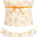 ZAFUL Tankini Swimsuits for Women Bow Tie Side Bathing Suits Tummy Control High Cut Two Piece Bikini Sets (Small, 2-flower-yellow)