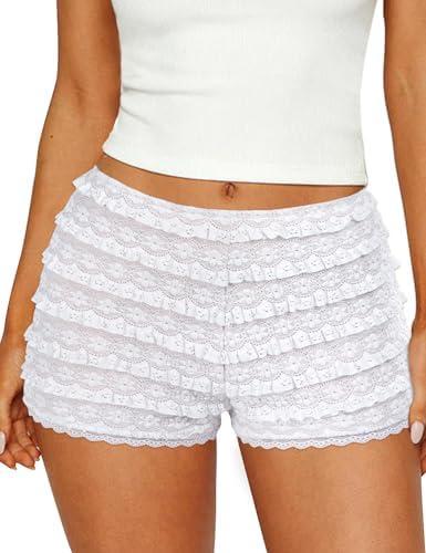 FOMELY Women's Ruffle Shorts Lace Bloomers Y2k Mini Shorts Bloomers for Women with Liner, Medium