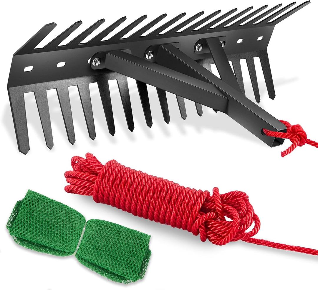 Pond Rake, Weed Removal Tool, Steel Blades 24 inch Aquatic Weed Rake, Double Sided Lake Weed Cutter, Clean Aquatic Weeds Muck Silt Lake Rakes, 30ft Thicker Rope, Black