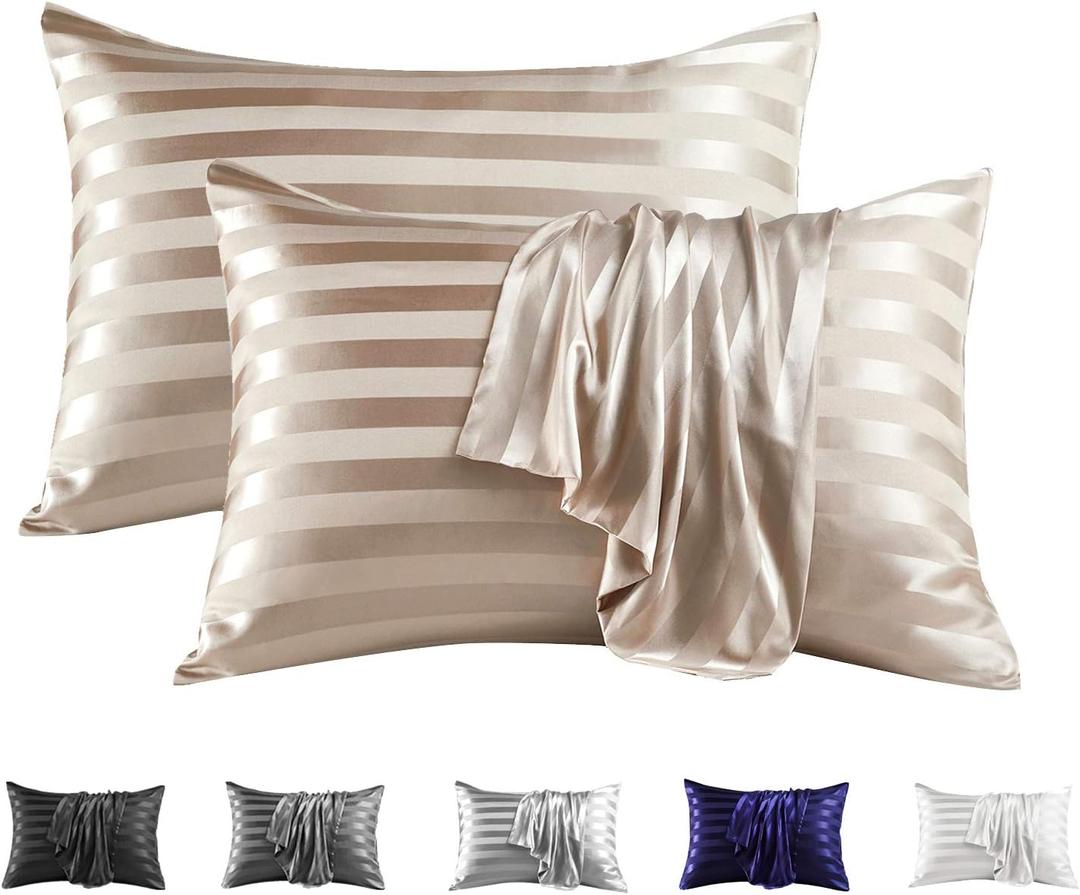 MR&HM Satin Pillowcase for Hair and Skin, Silk Satin Pillowcase 2 Pack, King Size Pillow Cases Set of 2, Silky Pillow Cover with Envelope Closure (20x36, Champagne Striped)