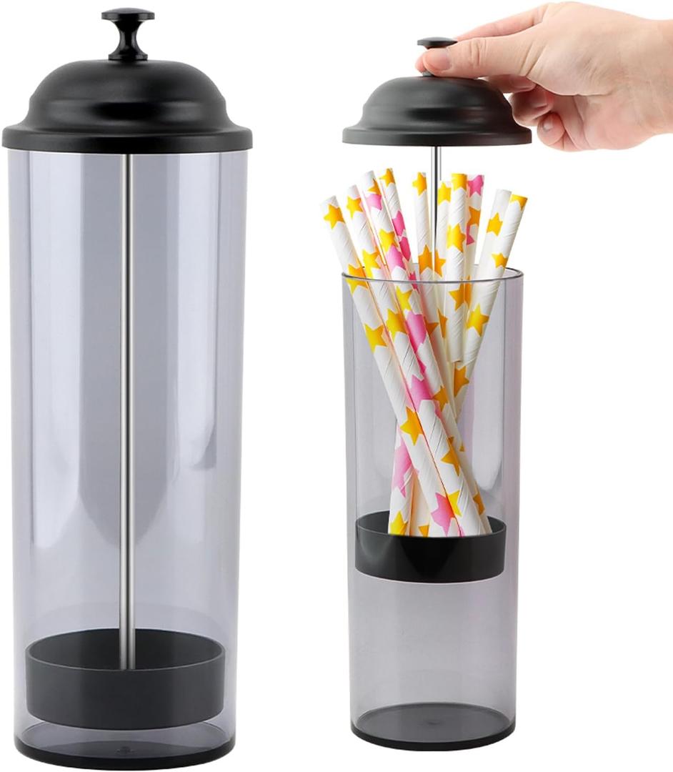 Straw Holder, Straw Dispenser with Lid for Standard Size Drinking Straws, Plastic Straws Storage Organizer for Counter Cabinet, Holds Straws up to 8.5 Inches (Color: Black + Grey)