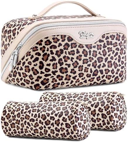 BOYATU Travel Makeup Bag for Women: 3-in-1 Modular Leopard Print Cosmetic Case Set for 3-15 Day Trips - Waterproof Vegan Leather Toiletry Bag - Perfect for Party/Festival/Night Out - Gift Box - Beige