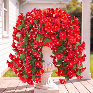 Sggvecsy Artificial Fake Hanging Flowers Plants for Outdoor Outside Spring Summer Decoration 4PCS Faux Silk UV Resistant Realistic Morning Glory Trailing Vines for Home Porch Patio Balcony(Red)