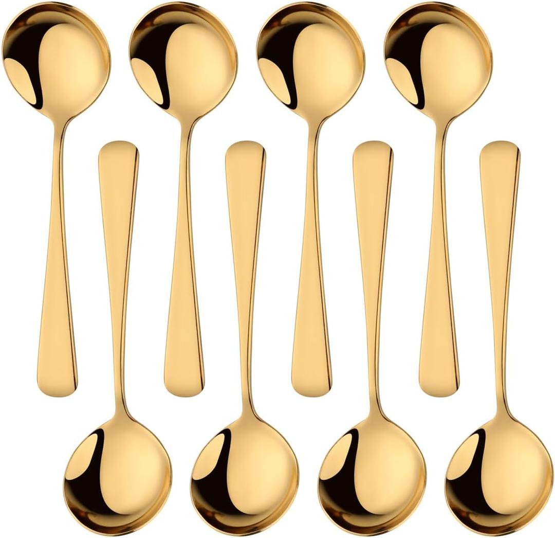 6.3 Inch Soup Spoons, Food-Grade Stainless Steel Round Spoon & Teaspoons Set, Durable Metal Dessert Spoons, Dishwasher Safe Silverware for Home & Restaurant (8, Gold)