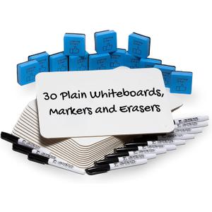 Charles Leonard Dry Erase Board Classroom Pack - Mini Lapboard School Supplies for Teachers, Students - Includes 30 each Erasable White Boards, 2 Inch Felt Erasers and Black Dry Erase Markers (35090) (Plain)