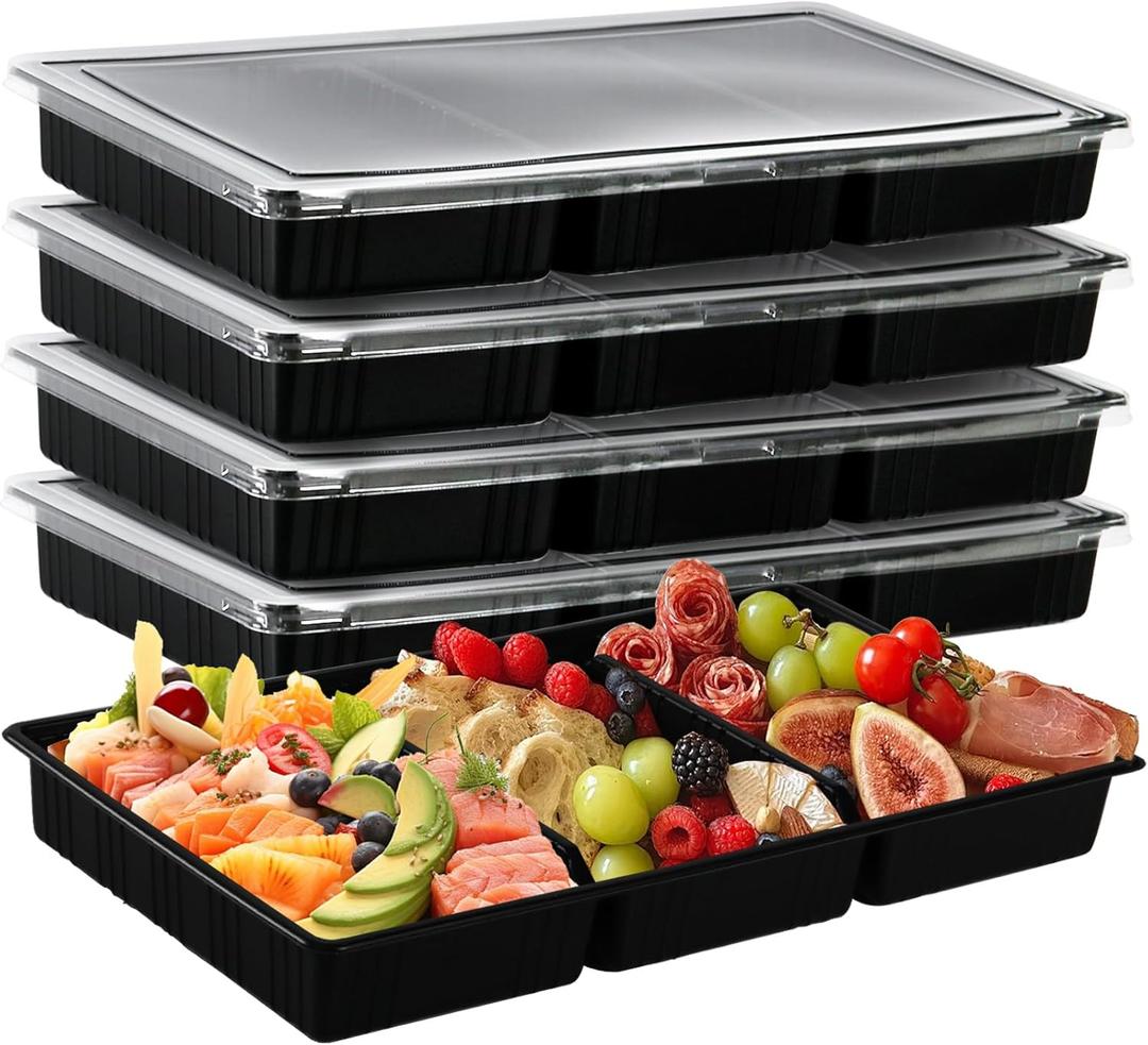 5 Pack Extra Large Divided Catering Trays with Lids 14 x 7.7 x 1.6 Inch Charcuterie Board with Lid Plastic Tiramisu Catering Trays for Snacks, Fruit, Cookies, Dessert