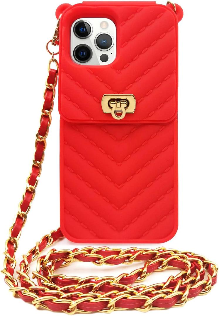 LUVI Crossbody Compatible with iPhone 13 Pro Max Wallet Case with Neck Strap Lanyard Credit Card Holder Purse Handbag for Women Girls Silicone Rubber Soft Protection Cover Red