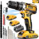 JayLene 21V Cordless Drill Set, Power Drill 59Pcs with 3/8 Inch Keyless Chuck, 25 3 Clutch Electric Drill with Work Light, Max torque 45Nm, 2-Variable Speed & 2 Batteries and Fast Charger (Black Yellow)