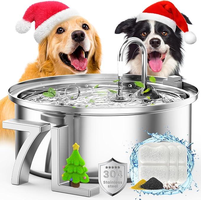 oneisall Dog Water Fountain, 7L/230oz/1.8G Quiet Dog Fountain Water Bowl, Stainless Steel Dog Water Fountain with Visual Water Level&Triple Filtration for Large Medium Small Breed Dogs Pets
