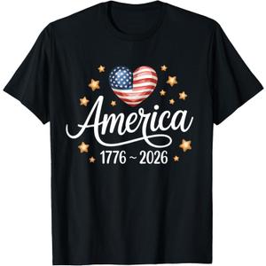 Pretty Flag Heart 1776 2026 July 4th 250th Birthday T-Shirt, XL