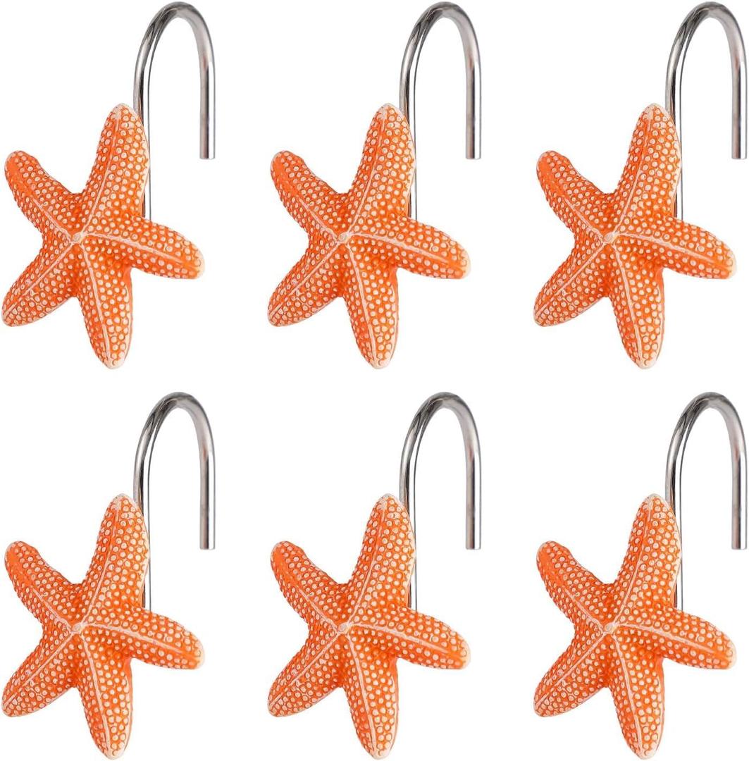 Twofish Home Orange Starfish Shower Curtain Hooks Orange Starfish Anti Rust Shower Curtain Hooks Decorative Resin Orange Starfish Shower Curtain Rings Set of 12