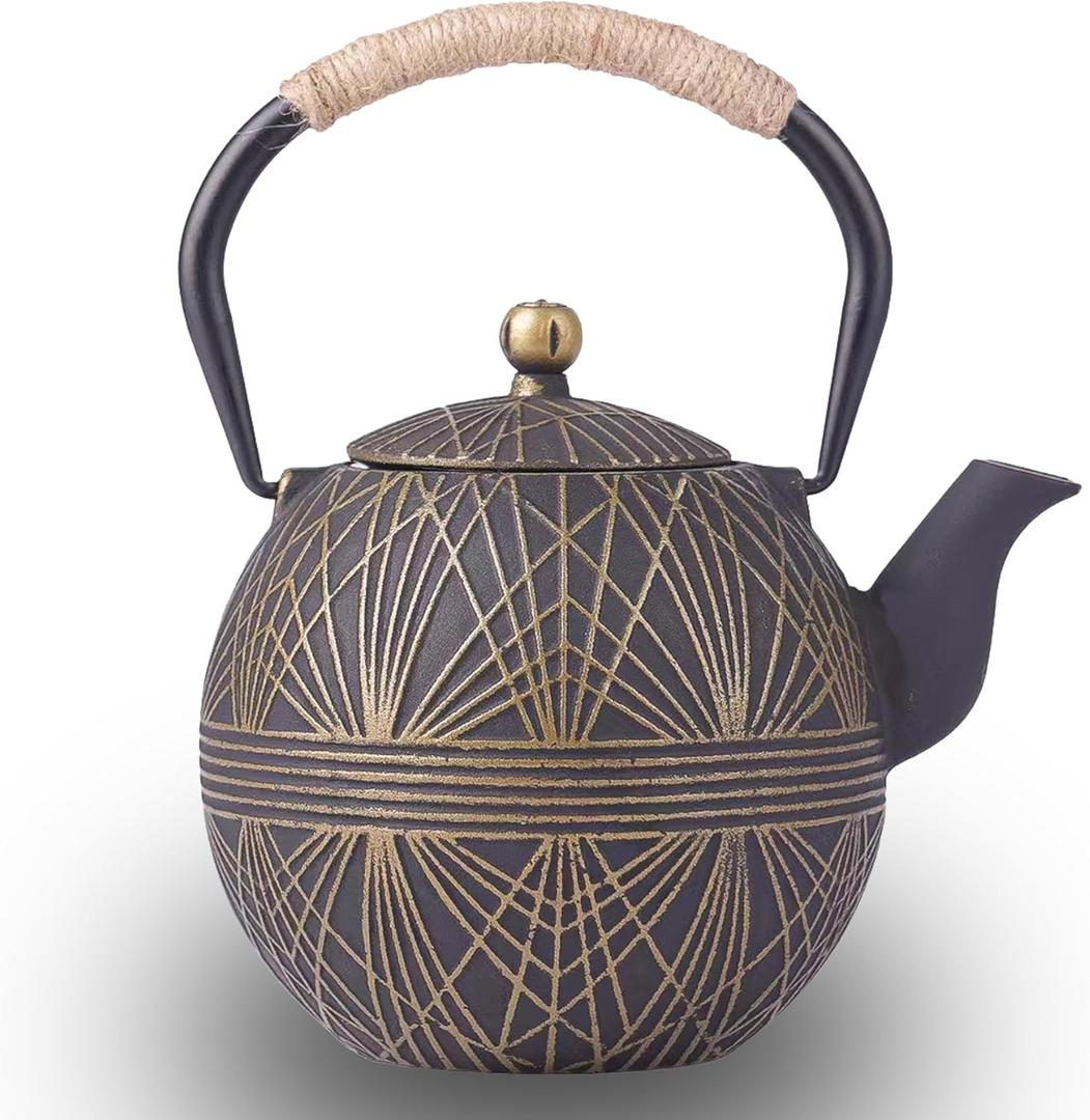Enameled Cast Iron Teapot 34oz（1000ml） - Japanese Style Kettle with Removable Stainless Infuser & Ergonomic Handle, Stovetop Safe for Loose Leaf Tea Green and silver (Black Gold)