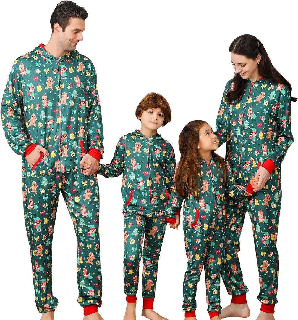 ANGELGGH Matching Family Christmas Onesie Pajamas, Cute Vacation Print One Piece PJs, Hooded Holiday Loungewear with Pockets (Men, M, Green Elf(with Pockets))
