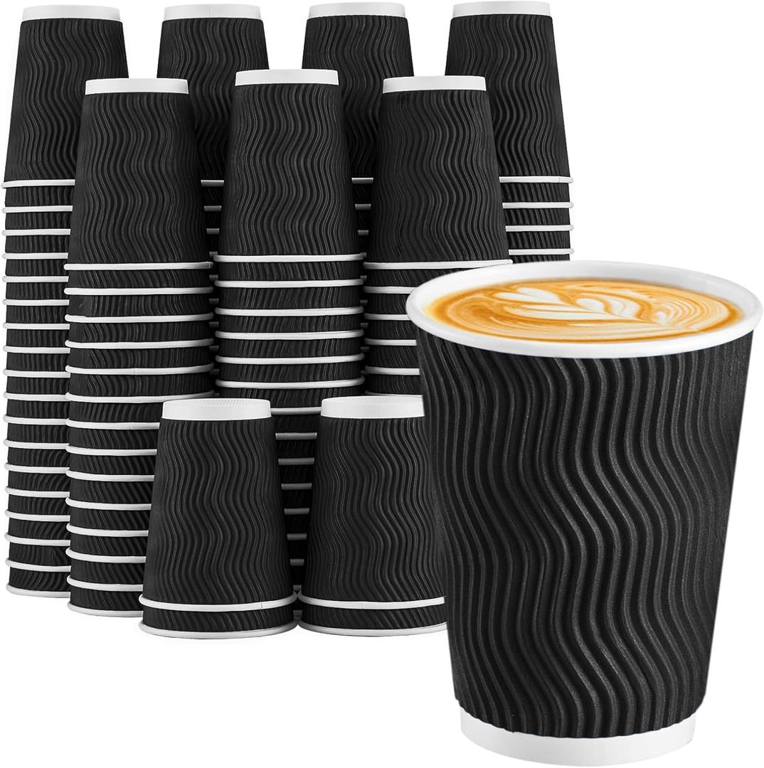 Lamosi Disposable Coffee Cups 12 oz 100 Pack, Paper Coffee Cups 12 oz for Hot Drinks or Cold Beverages, Insulated Corrugated Ripple Wall Cup for Office, Cafe, Home or Travel (Black)