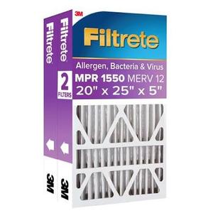 Filtrete Air Filter 5”, MPR 1550 MERV 12, Ultra Allergen, Bacteria, and Virus Deep Pleat Filter, 2 Pcs