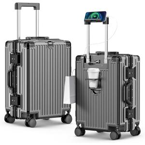 20 Inch Carry On Luggage, Zipperless Aluminum Frame PC Hardside Suitcase with Cup Holder & Charger, Airline Approved TSA Lock & 360 Spinner Wheels for Business Weekend Trip