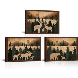 Visual Art Decor Large Cabin Decor Picture Bear Moose Deer Painting Pictures Framed Canvas Print Living Room Bedroom Office Wall Decor 24" Lx16 Hx3 Pieces