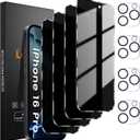 4+4 Pack Privacy Screen Protector for iPhone 16 Pro 6.3-Inch with 4 Pack Camera Lens Protector, Anti Spy Tempered Glass Film 9H Hardness Case Friendly