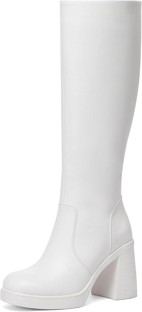 Knee High Boots Women Chunky Heeled Square Toe Boot Platform Tall Long Boots Side Zipper Gogo Boots (8.5, White)