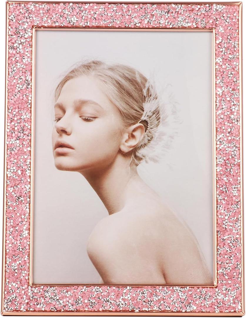 Baseo Rhinestone Picture Frame 5x7, Bling Diamond Photo Frame, Made of Metal and Real Glass, for Wall or Tabletop Display,Vertical & Horizontal (Pink Gold, 5x7)