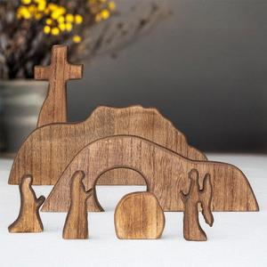 7pcs Empty Tomb Easter Scene and Cross Easter Decorations, Wooden Easter Resurrection Scene Cross Jesus Tomb Tray Set, Jesus Nativity Scene Decor for Religious Home Office Tabletop