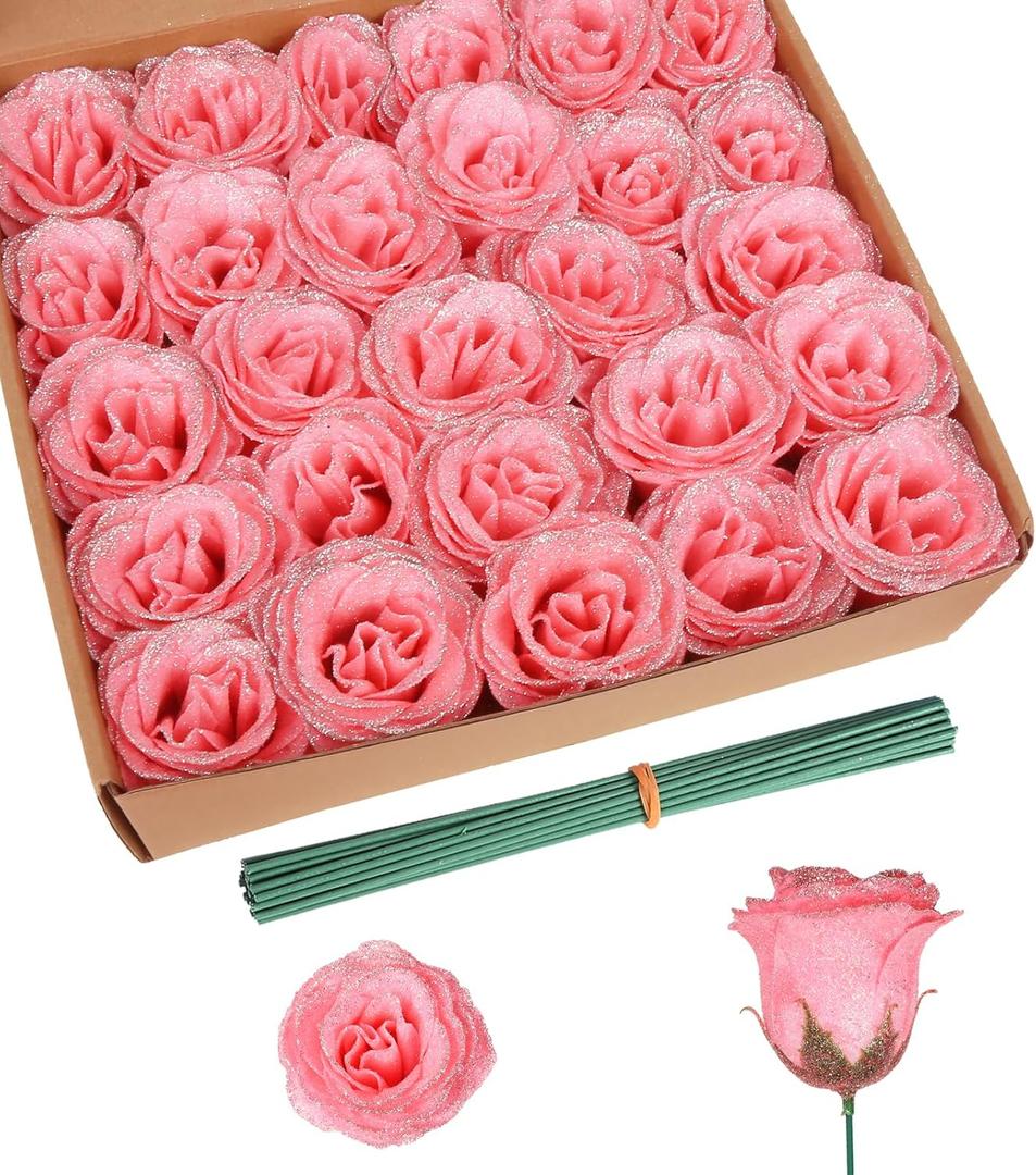 30PCS Glitter Roses Fake Peach Flowers Artificial Roses with Stems for Wedding Bouquet Party Christmas Home Decor(Peach with Silver Glitter)