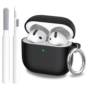 Aircawin for Airpods 4 Case Cover,Shockproof Case for Airpods 4th Generation Case Cover 2024,Premium Silicon Case with Keychain and Cleaing Pen for Wireless Earphones,Headphone Accessories-Dark