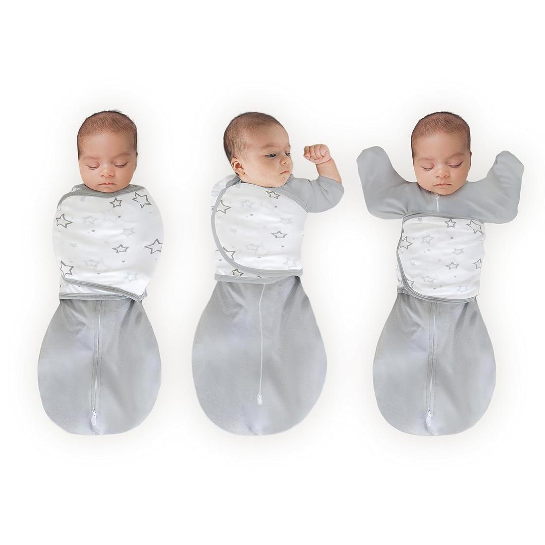 Amazing Baby Omni Transitional Swaddle, Swaddle Sleep Sack with Wrap & Arms Up Sleeves & Mitten Cuffs, Gray Stars, Small, 0-3 Months