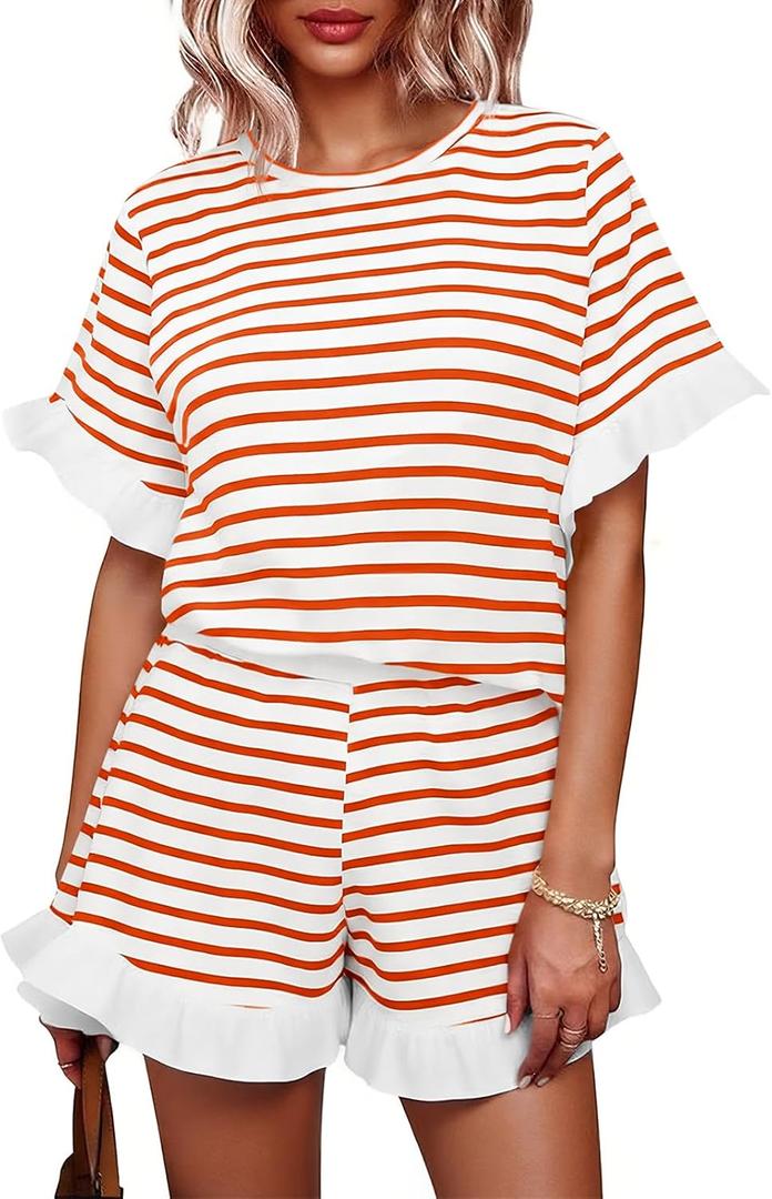 Tankaneo Womens 2 Piece Striped Shorts Set Ruffle Short Sleeve Tops Hight Waist Shorts Matching Sets Summer Vacation Outfits (L)