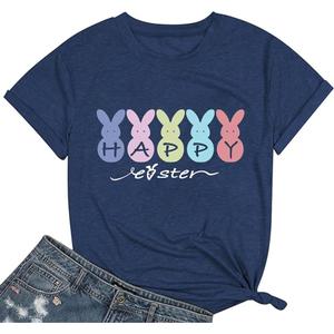 Women's Easter T-Shirt, Funny Bunny and Eggs Graphic Printed Crew Neck Short Sleeve Top (Dark Blue, L)