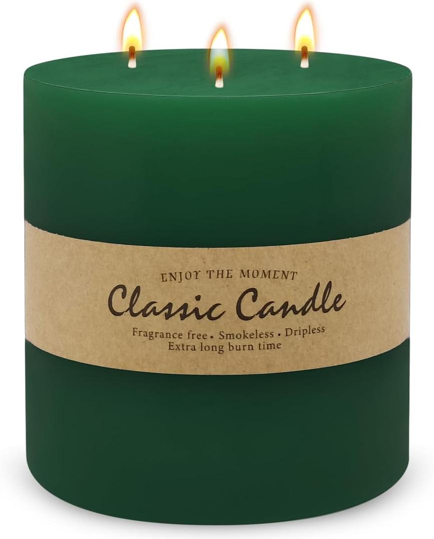 Large 3-Wick Green Pillar Candle - 6x6 Inch Dripless & Smokeless Unscented Fat Candle, 120 Hour Long Burning Hand-Poured Thick Candle with Cotton Wicks