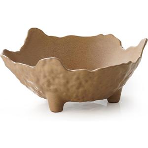 Fruit Bowl for Kitchen Counter, Porcelain Decorative Bowl for Home Dcor Modern Pedestal Bowl with 3-Legs Large Centerpiece Bowl for Breads, Nuts, Brown (9 inch)