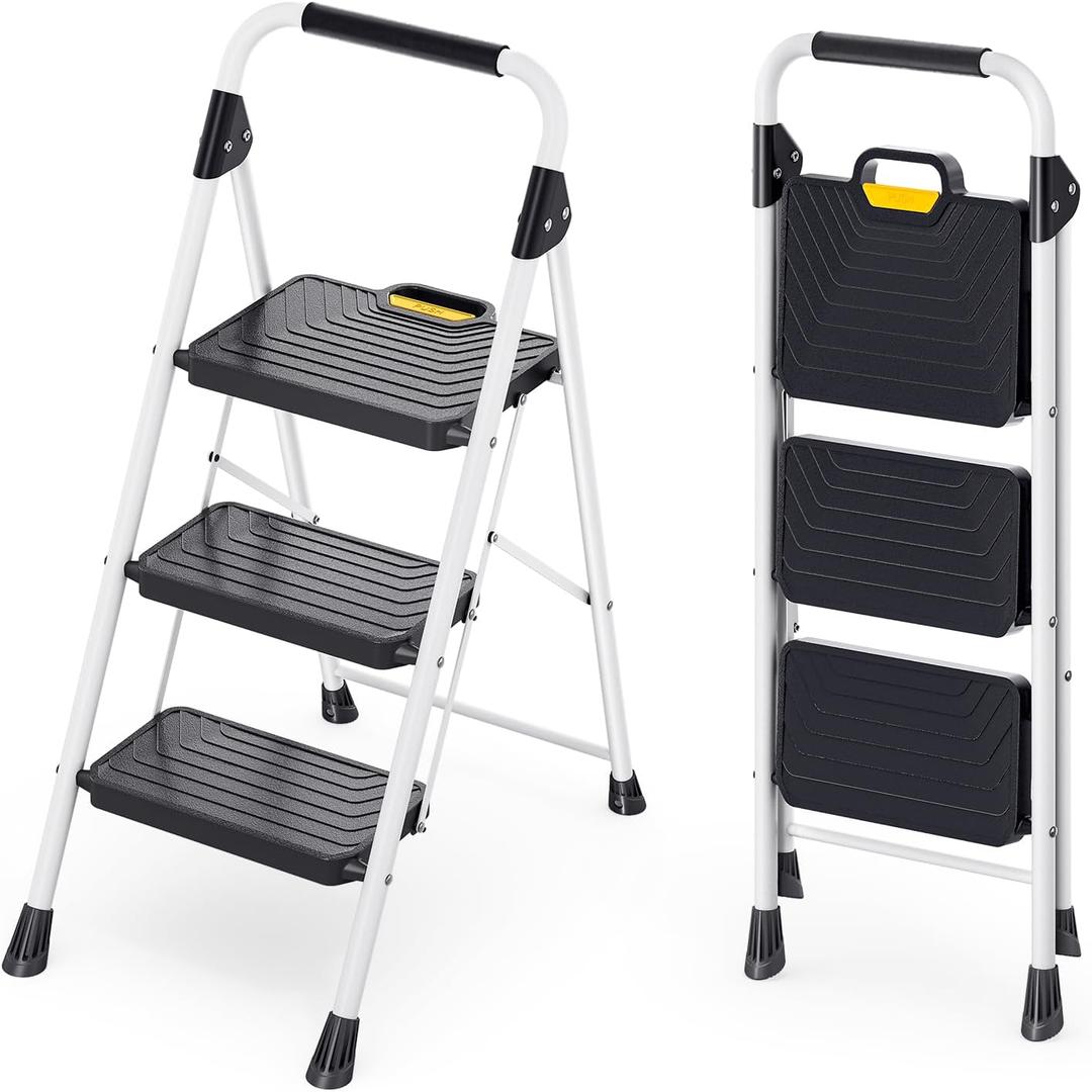 KINGRACK Sturdy Steel 3 Step Ladder, Folding Step Stool with Handrail, Anti-Slip Wide Pedals, Safe-Lock Design, Pass 800lbs Load Testing, Portable Ladder for Multi-Purpose in Home, Kitchen, White