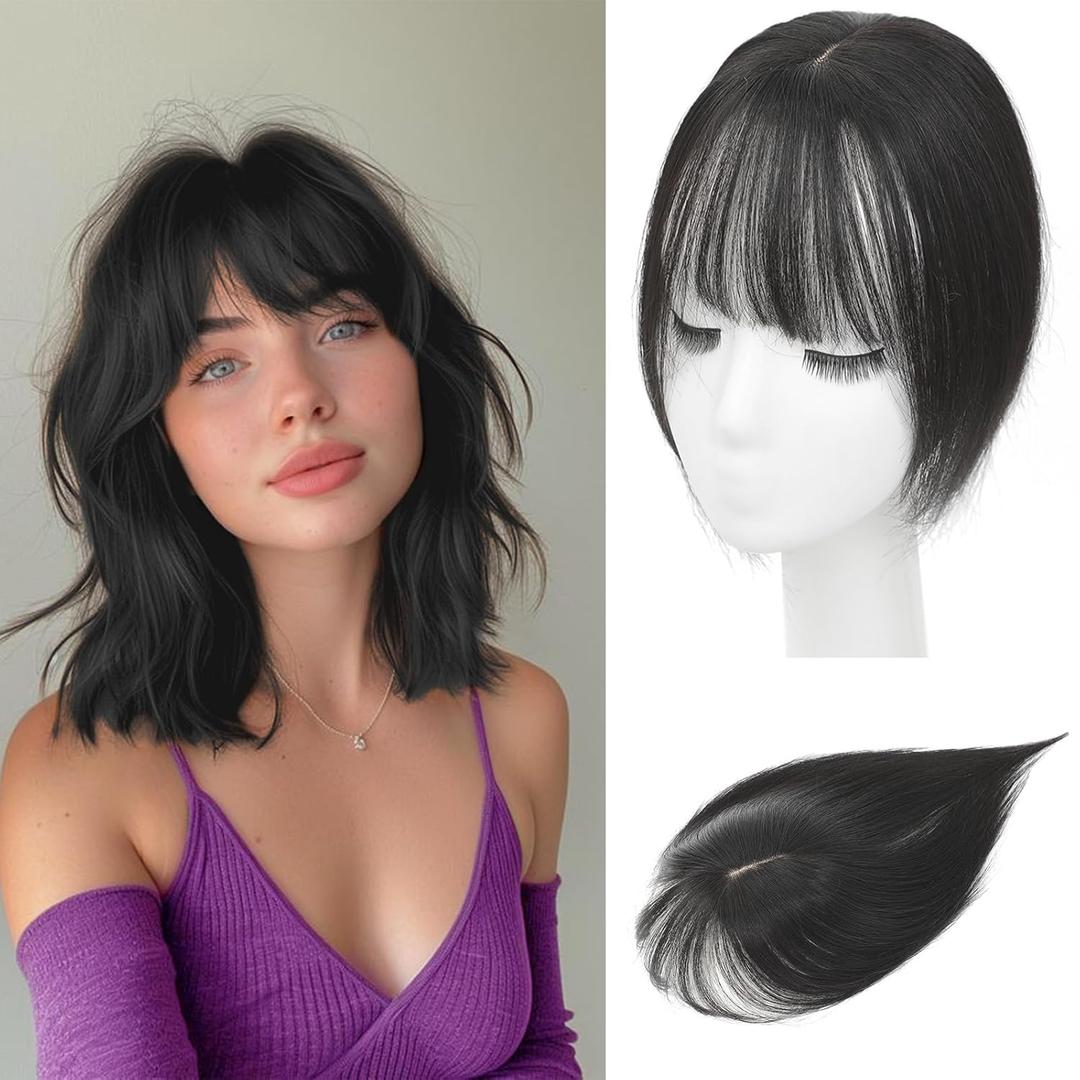 Hair Toppers for Women Real Human Hair, 3603D Bangs Clip Human Toppers for Women with Thinning hair Realistic Scalp Line (Brown Black, 3D Wispy Bangs(11 * 7))