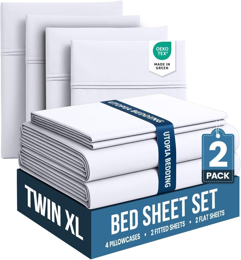 2 Pack Twin XL Sheet Set, 4 Pieces, Hotel Luxury Bedsheet 16" Deep, White | Extra Soft Bedsheet Set, Comfy & Breathable Cooling Sheets, 2 Fitted Sheet, 2 Flat Sheet, 2 Pillowcases