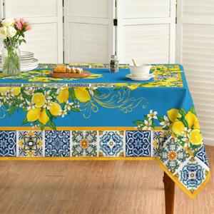Horaldaily Summer Tablecloth 6084 Inch Rectangular, Blue Yellow Lemon Vintage Pattern Washable Table Cover for Party Picnic Dinner Decor