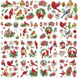 Whaline 12 Sheet Christmas Rub on Transfers Xmas Cardinal Wreath Pine Cone Transfer Stickers Winter Bird Furniture Decals for Home Office Paper Wood DIY Crafts, 5.9 x 5.9 Inch