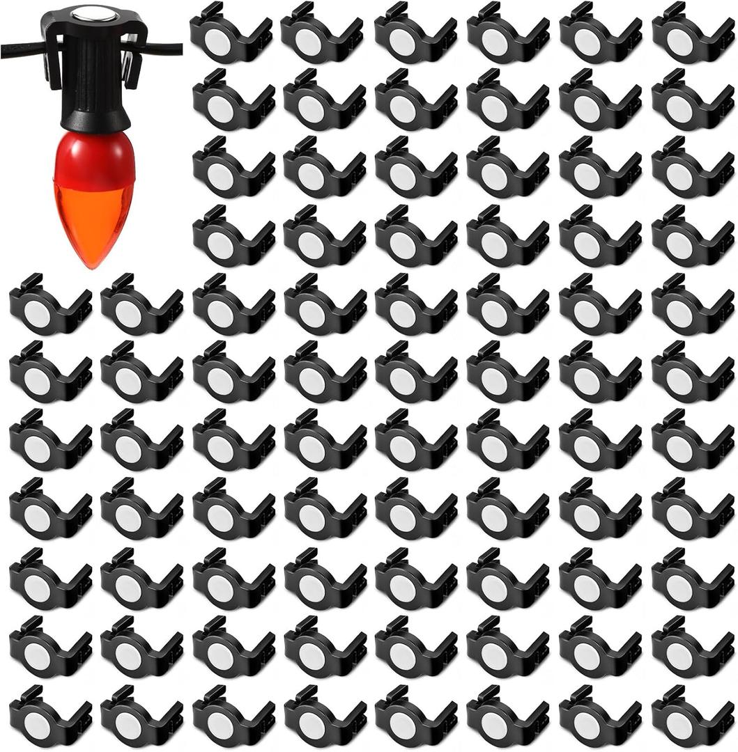 Frienda 100 Pieces C9 Magnetic Christmas Light Clips Magnet Christmas Socket Clips Hooks for Sockets Roof Gutters Outside Patio Holiday Lighting (Black Round)