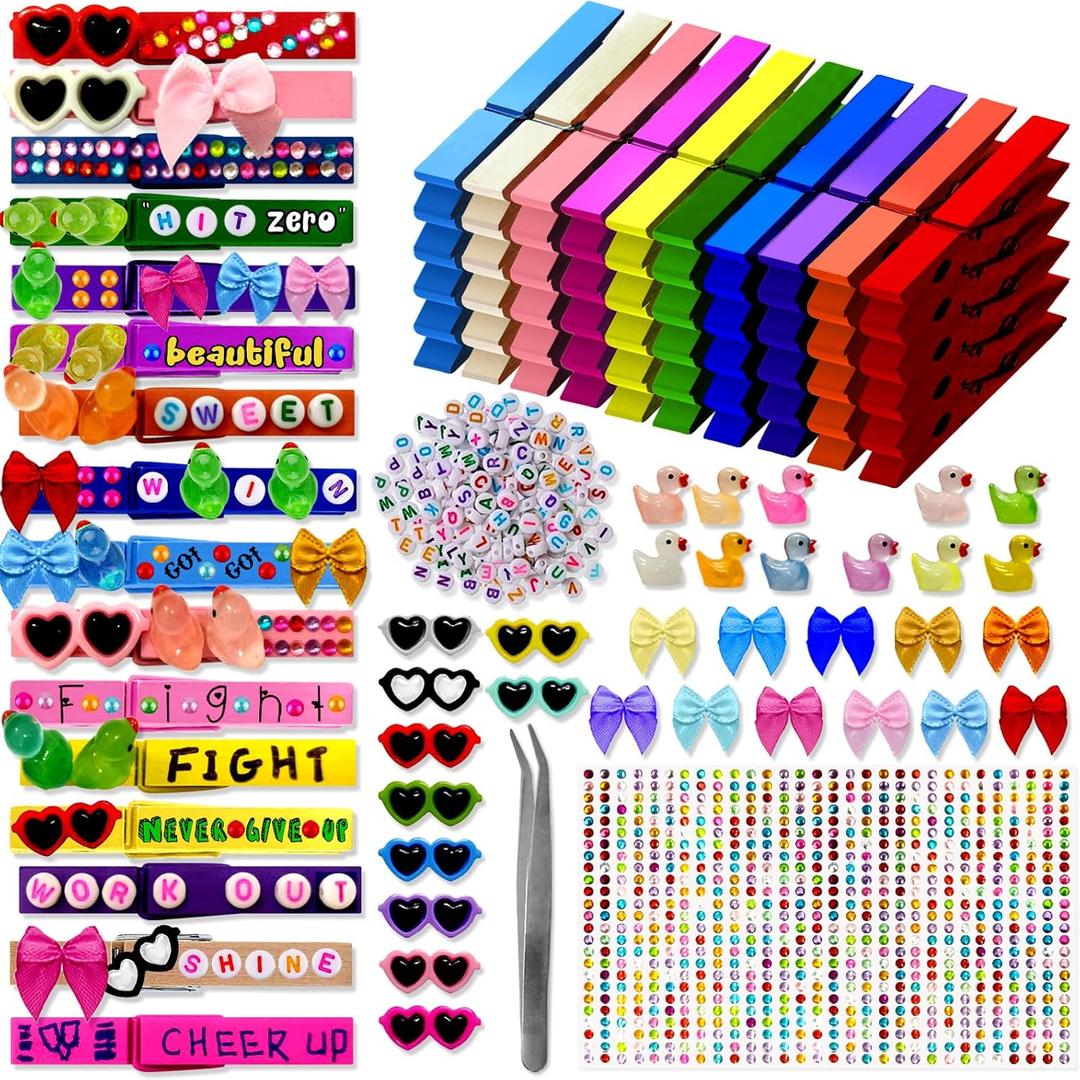 Fobbo Cheer Pins Spirit Clips Include 50 Wooden Colored Clothes Pins 100 Beads Resin Ducks Bows and 750 Self Adhesive Stickers Glasses Cheer Clothespins Decorations for Cheerleading Backpacks (Colorful1)