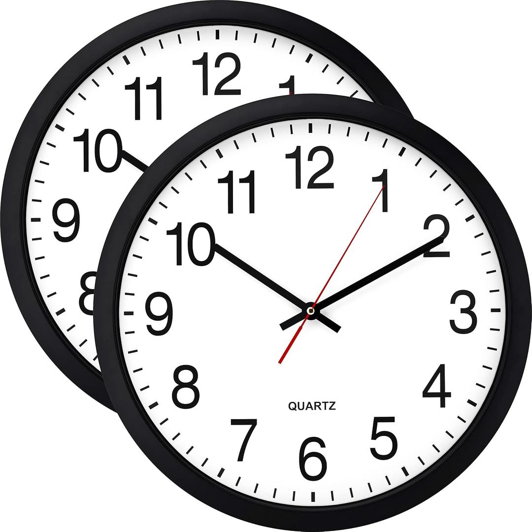 Bernhard Products Black Wall Clock, 2 Pack Silent Non Ticking - 16 Inch Extra Large Quality Quartz Battery Operated Round Easy to Read Home/Office/Business/Kitchen/Classroom/School Clocks