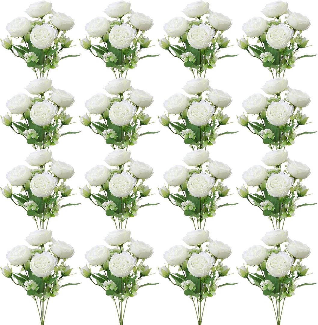 16 Pack White Peonies Artificial Flowers, Fake Silk Hydrangea Bouquet for Bridal Wedding Home Table Decor Reusable Dining Opening Ceremony Birthday Arrangement Faux Floral