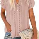 Dokotoo Women's Stylish 2024 Spring Button V Neck Lace Crochet Eyelet Flowy Short Sleeve Blouses Fashion Solid Casual Loose Summer Shirts Tops Resort Wear for Women Pink XL