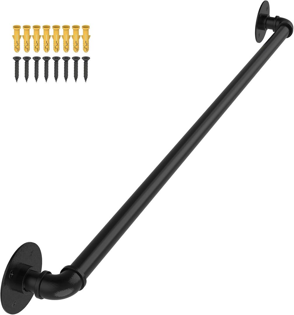 OUSHENG Stair Railing Indoor Hand Rails for Outdoor Steps, Industrial Pipe Handrail Metal Iron Handle Support for Wall Mount Staircase Porch, Vintage Farmhouse Style, 3ft (Black)