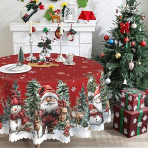 Round Christmas Tablecloth 60 inches - Red Snowman Christmas Decorations for Home - Water Resistant Santa and Snowman Table Cloth - Holiday Xmas Decor for Table, Party