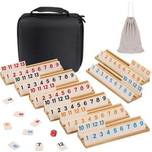 Upgraded 6-8 Players Rummy Cube Board Game Set with 8 Wooden Racks, 214 Tiles, Portable Case, Drawstring Bag and Dice, for Adults Friends Night Gifts Travel Party Sharpens Brain