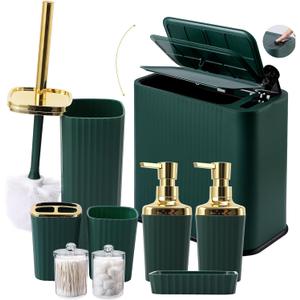 XLHOMO 9-Piece Dark Green Bathroom Accessories Set - Slim Pop-up Trash Can with Lid, Toilet Brush, Soap Dispenser & Apothecary Jars - Luxury Emerald Decor for Small Spaces