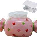 Candy-Shaped Ceramic Tissue Box Cover, Large Size 10.24 x 5.71 x 4.33 Inches Decorative Tissue Holder for Bathroom, Bedroom, Living Room, Kitchen Countertop, Cute Home Decor (Pink)